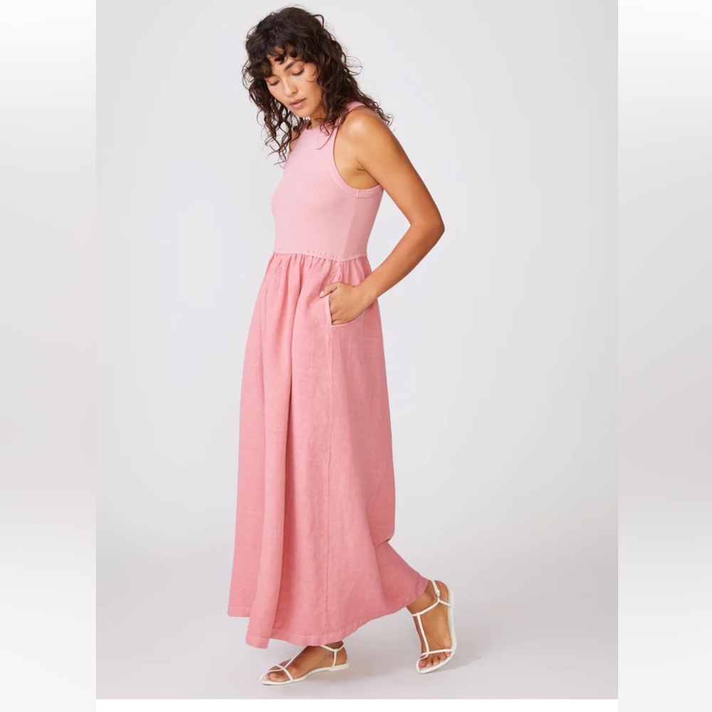 Stateside Linen Mixed Media High Neck Dress in Mauve Glow